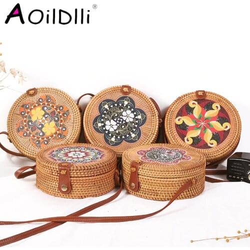 NEW Bali Island Handmade Wicker Bag Women Round Rattan Straw Bag Rattan retro art handmade petal bag woven bag PU shoulder strap