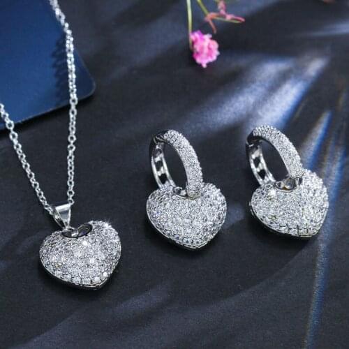 Luxury Heart Stud Earring And Pendant Necklace Jewelry Sets Full Mirco Paved Cubic Zirconia Fashion Jewelry Set For Women Gifts