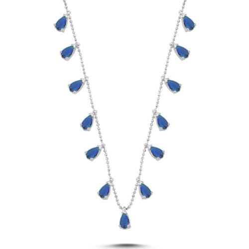Silver 925 Sterling Drop Sapphire Zircon Dangle Necklace