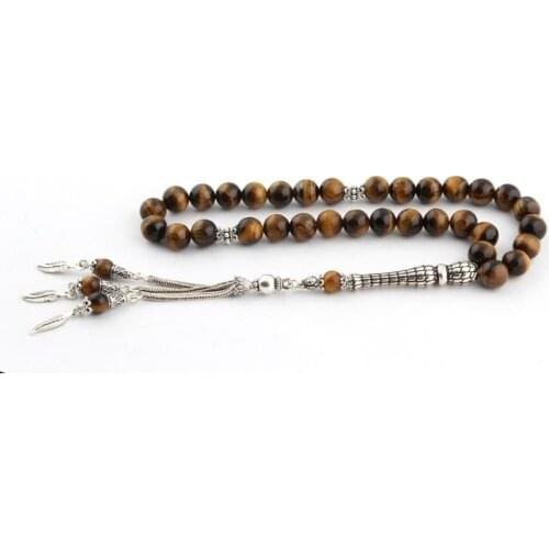 Sphere Shaped Tiger Eye Stone Handmade Rosary with 925 Sterling Silver Trippel Tassel