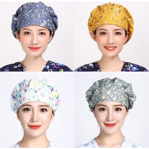 Scrub Hats Women Flower Printed Cotton Adjustable Reusable Head Cover Work Wear Breathable Bouffant Caps With Sweatband Hot Sale