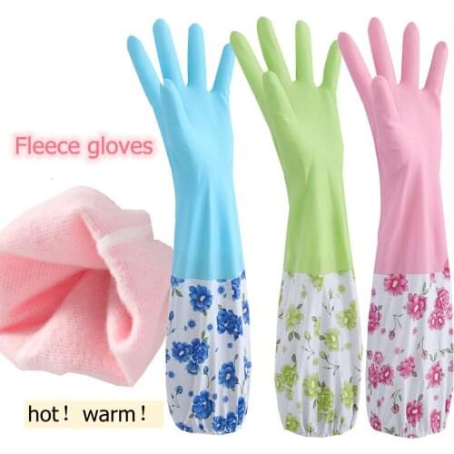 Lengthened Rubber Dishwashing Gloves for Kitchen Accessories Housework Cleaning Waterproof Gloves Winter Handguard Binding Cuff