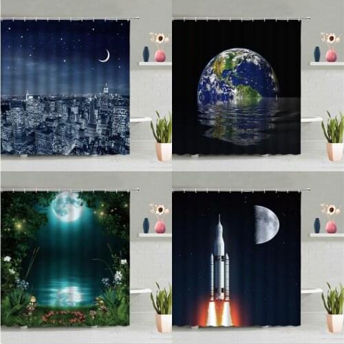 City Starry Sky Shower Curtain Earth Moon Night View Space Rocket Waterproof Curtains Forest Scenic Bathroom Decor Hooks Screen