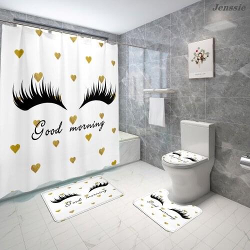 New Cartoon Eyelash Shower Curtain Anti Slip Bath Carpet Toilet Cover Girls Red Lips Bath Curtains Waterproof Mildew Proof
