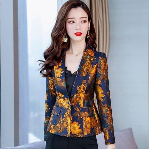 2018 Spring Fall Fashion Women Suit Collar Long Sleeve One Button Glitter Floral Blazer Coat , Womens Casual Print Blazers Coats