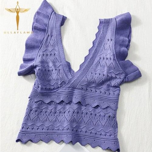Purple Sweet Lotus Sleeve Female Tank Top V Neck Sexy Backless Slim Crop Top Summer High Waist Sleeveless Cotton Women Top Vest