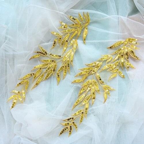 1 Pair Gold Guipure Cording Flower Lace Applique Trim Patch Wedding Dress Sewing Lace Patch Decoration DIY
