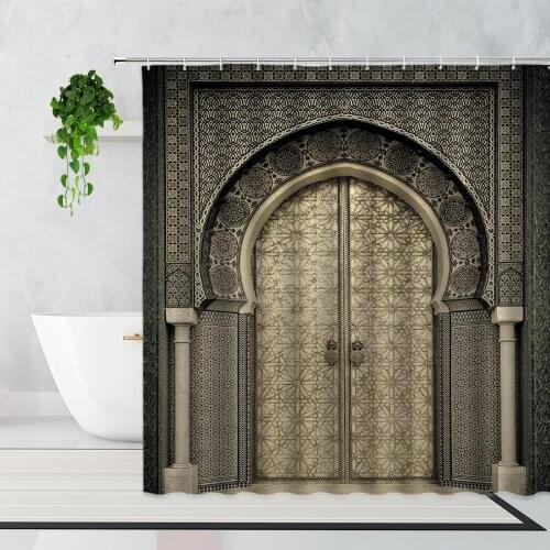 3D Africa Moroccan Landscape Shower Curtains Retro Arch Door Imitation Stone Printing Bathroom Set Anti-Slip Carpet Bath Curtain