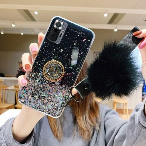 For Xiaomi Redmi Note 10 9 8 7 Pro 8T 9S 9C 9A K40 Case Poco F3 F2 X3 Pro Glitter Holder Hairball Cover Xiaomi Mi 11 lite Ultra