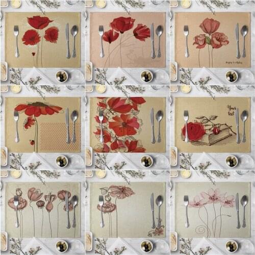Flower Linen Placemat for Dining Table Coaster Creative Printed Heat-resistant Kitchen Dining Accessories