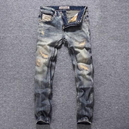 European Vintage Fashion Men Jeans Retro Wash Distressed Slim Fit Destroyed Ripped Jeans Men Patchwork Designer Denim Punk Pants