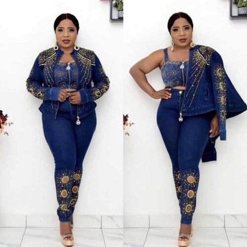 3 Piece Set Women Africa Clothes Dashiki Fashion Long Sleeve Hot Drilling Coat And Trousers Sexy Party African Suits For Lady