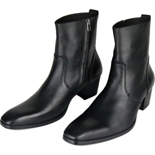 Plus Size 46 Black Mid-Calf Cowboy Boots Men Fashion Side Zip Pointed Toe High Heels Genuine Leather Work Boots Man Footwear