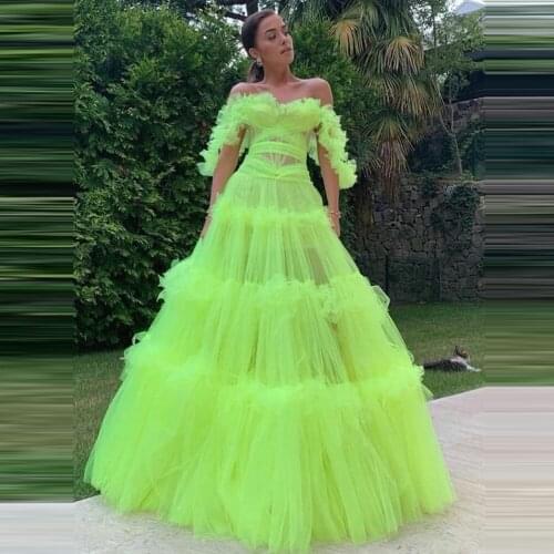 Neon Green Ruffles Tiered Neckline Long Party Dresses For Women Off The Shoulder Prom Gowns Sexy Backless Vestido De Mulher 2021