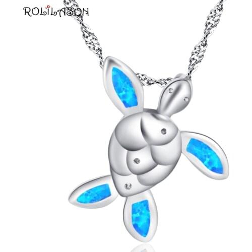 ROLLASON fashion small fresh silver color stamped blue opal Pendant necklace wedding gift trend new OP843