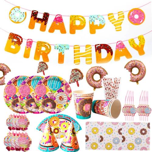 Donut Theme Party Decoration Tableware Doughnut Paper Cup Plate Napkins Banner Baby Shower Balloons Kids Birthday Party Supplies