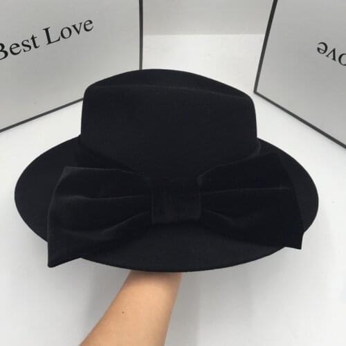 Fedoras About the spring and autumn period and the new black wool hat for women bowknot elegant