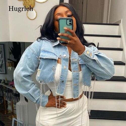 Light Blue Ripped Denim Jacket Women Asymmetric Short Jacket Tops Long Sleeve Backless Chain Coat Summer 2021 Streetwear