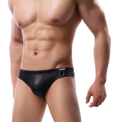 Fashion Men Underwear Sexy Wet Look Imitation leather Low-rise Underwears Male Black Underpants Lingerie Briefs Shorts