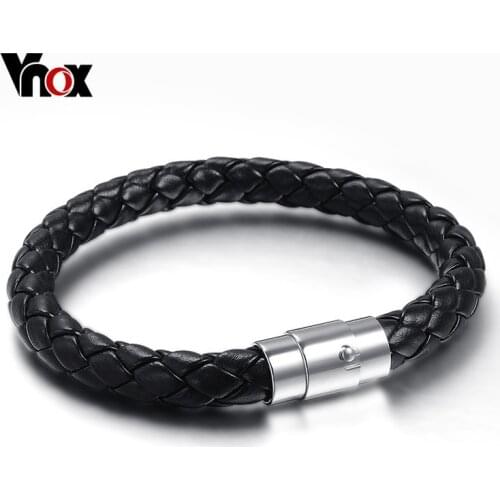 Vnox Classic Black Braided Leather Bracelet for Men Male Jewelry with Stainless Steel Clasp
