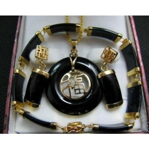 Fine Natural Black jade pendant necklace bracelet earrings Jewelry set AAA