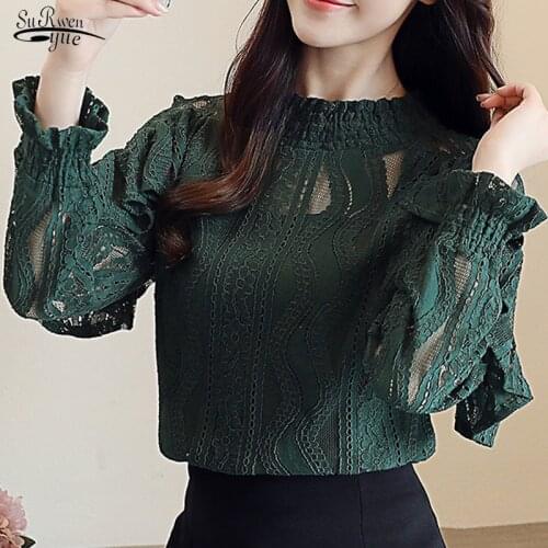2021 Women Clothing Ruffle Lantern Sleeve Blouse Shirt Hollow Out Floral Women Lace Blouse Female Tops Elegant Blusa 14313