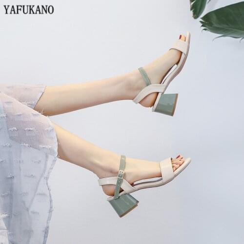 High Heels Sandals Female 2020 Summer Fashion Buckle Strap Soft Synthetic Leather Thick Heel Solid Party Ladies Pumps Square Toe