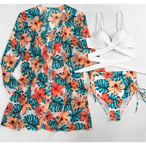 Women Fashion Sexy Swimsuit Set Floral Leaf Print Padded Bandage Bra High Waist Briefs Cargidan Swimwear for Summer Water Beach