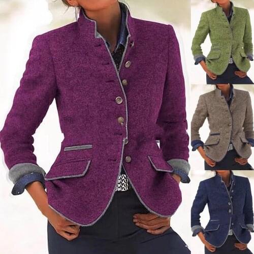British Style Slim women Single-breasted Jacket Stand Collar Button Long Sleeve Women Classic Clothes Coat Formal Lady Outwear