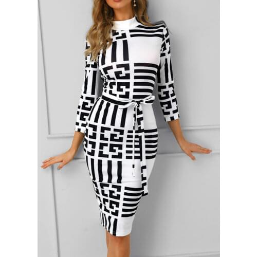 Striped Colorblock Insert Women Bodycon Dress Three Quarters Sleeve Mock Neck Office Ladies Casual Midi Dress