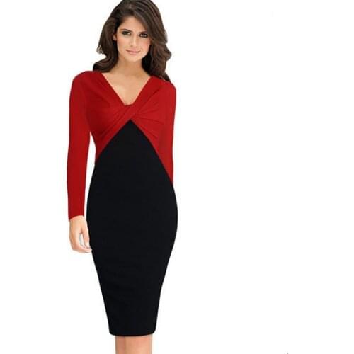 Slim dres Womens Elegant 2 color Colorblock Draped Ruched Twist Sexy V Neck High Waisted Party Wear to Work Sheath Pencil Dress