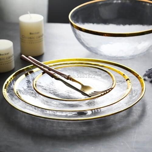 1pc/lot Hand-gilded European Glass Gold Inlay Dishes Steak Plate Salad Soup Bowl Dishes Party Event Decoration Tableware Set