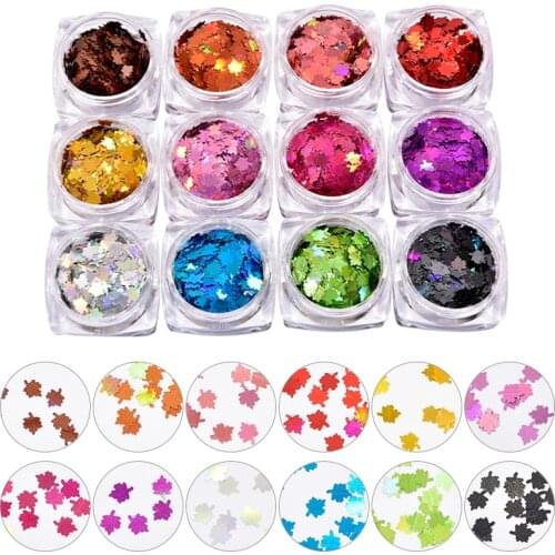 12Jars Maple Leaf Butterfly Laser Nail Flakes Glitters 3D Holographic Shiny Sequins Mix Colors Gel Nail Art Manicure Decoration