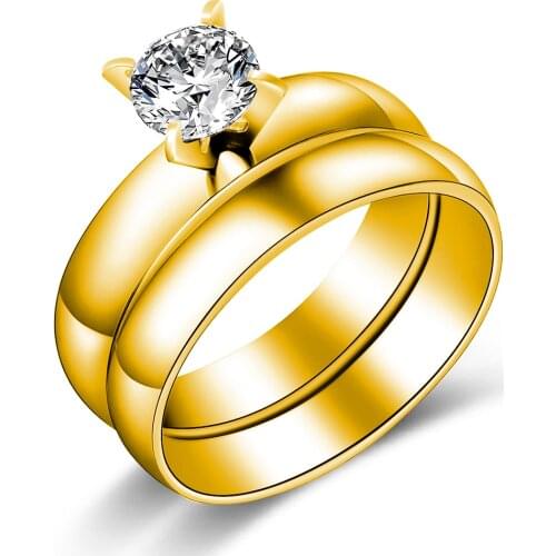 2017 fashion gold-color CZ rhinestone engagement finger rings jewelry for women anniversary ring gift stainless steel ring