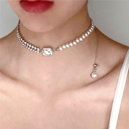 2021 New Korean Square Crystal Simulated Pearl Rhinestone Asymmetric Chokers Necklaces For Women Fashion Jewelry Collares