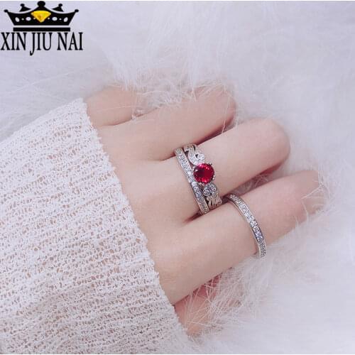 3 pieces / set of hollow wave design with red garnet CZ womens charm fashion banquet party finger plated couple ring