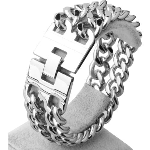 Granny Chic Hot Sell Mens Fashion Silver Color Stainless Steel 23mm Wide Double Curb Cuban Link Chain Bracelet 20.5cm