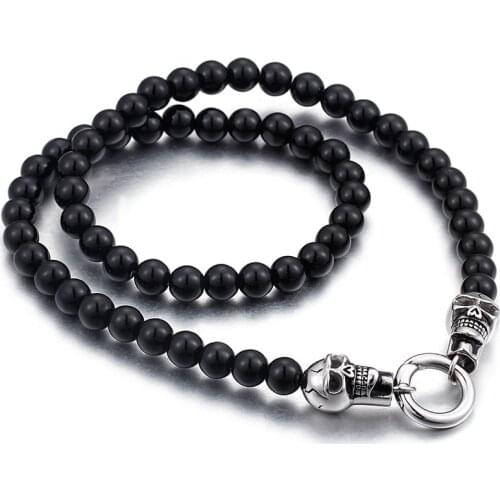 Fate Love Punk Europe Mens black stone Ball with stainless steel Skull skeleton Clasp chain necklace 8mm 20 inch