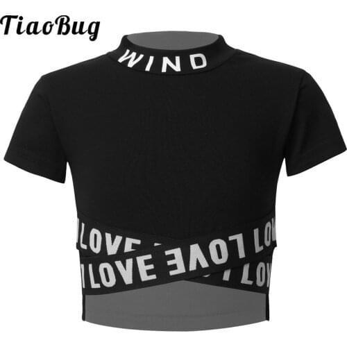 Kids Girls Short Sleeve Crop Top Sports Gymnastics Ballet Jazz Hip Hop Tops Stage Performance Dance Costume Letters Print Black