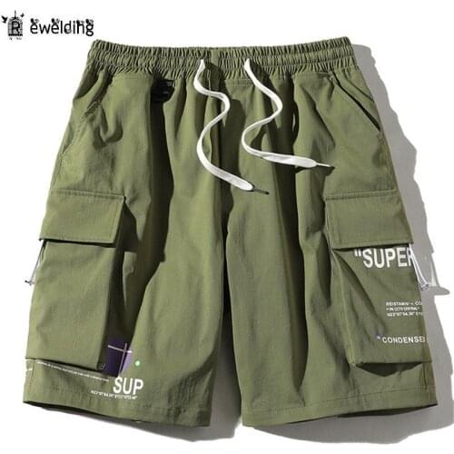 Men Cargo Shorts Summer New Mens High Street Letter Print Loose Shorts Male Casual Drawstring Knee Length Shorts