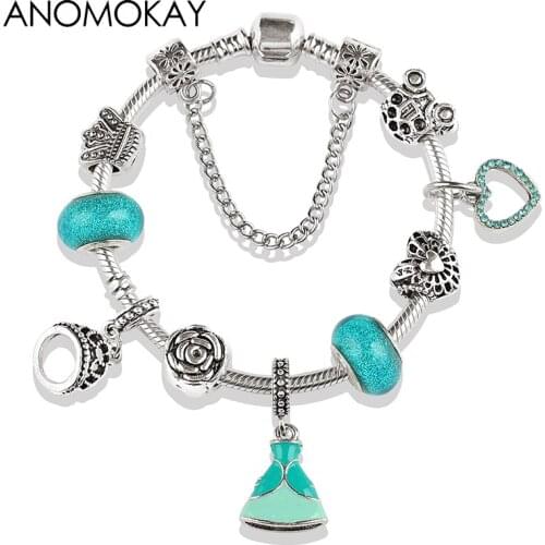 European American Cute Princess Dress Crown Bead Charm Bracelet Women Blue Crystal Diy Bracelet Jewelry Making Pulseras