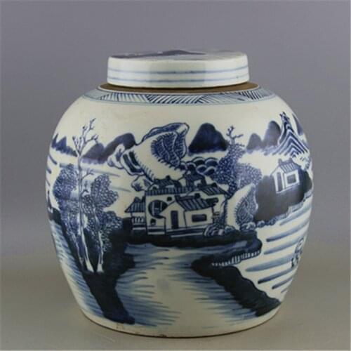 Antique QingDynasty Handmade porcelain pot,blue & white landscape jar ,Hand-painted crafts,best collection& adornment