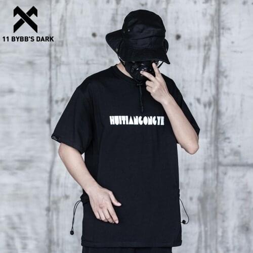 11 BYBBS DARK Hip Hop T-Shirt Men 2021SS Drawstring Harajuku Tshirts Summer Cotton Loose Hip Hop Short Sleeve Shirt Streetwear