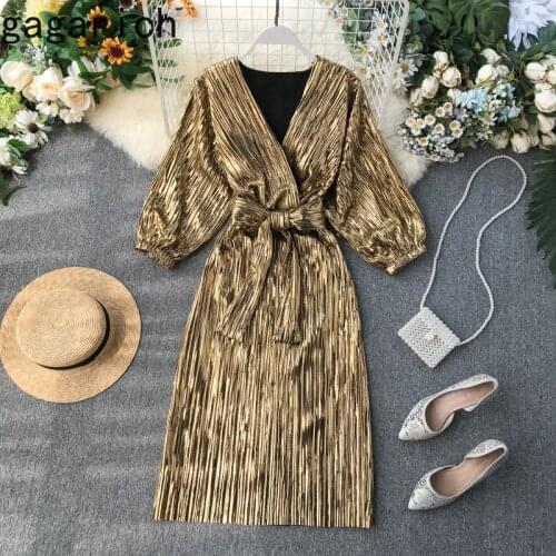 Gagarich Women Elegant Dress 2020 Ins Retro Golden High Waist Slim Pleated A-line Midi Party Ladies Dresses Sexy V-neck Vestidos
