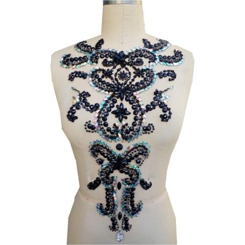 A301-5 hand made black/clear AB colour sew on Rhinestones applique crystal patches trim 46*30cm for dress accessory