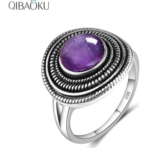 S925 Sterling Silver Ring 8MM Round Natural Amethyst Rings Womens Gemstone Jewelry Vintage Style Fine Jewelry Wholesale