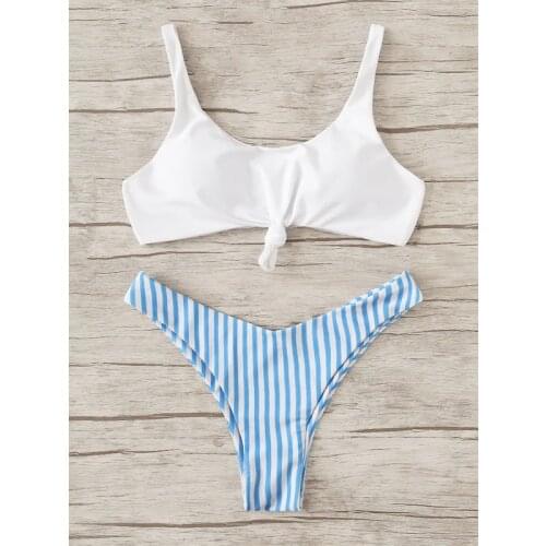 2pcs Bikini Set Women Striped Push Up Front Tie Bra Swimsuit Female Scoop Neck Fringe Beach Bathing Suit Thong Swimming Suit