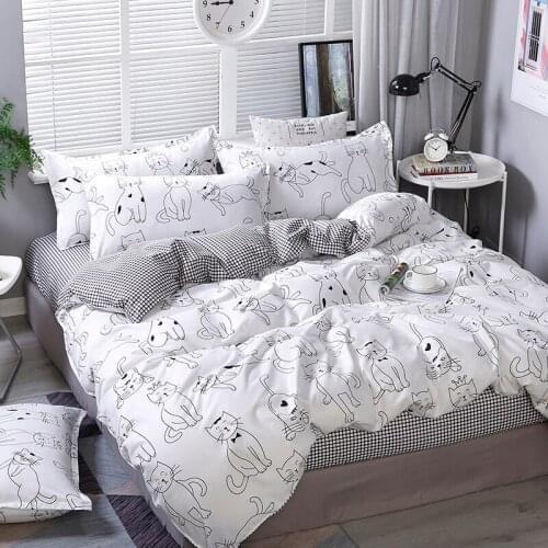 Cartoon White Cat Plain Black Kids Comforter Bedding Set Cute Luxury Fashion King Queen Twin Size Bed Linen Duvet Cover Set Gift