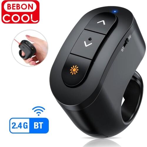 Red Laser for Powerpint Clicker RF 2.4GHz Rechargeable Wireless Finger Ring Presentation Clicker USB for Pointers Remote Control