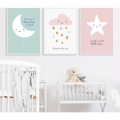 Lovely Cartoon Moon Star Wall Art Canvas Painting Posters and Prints Decoration Home Nursery Wall Pictures for Living Room Decor